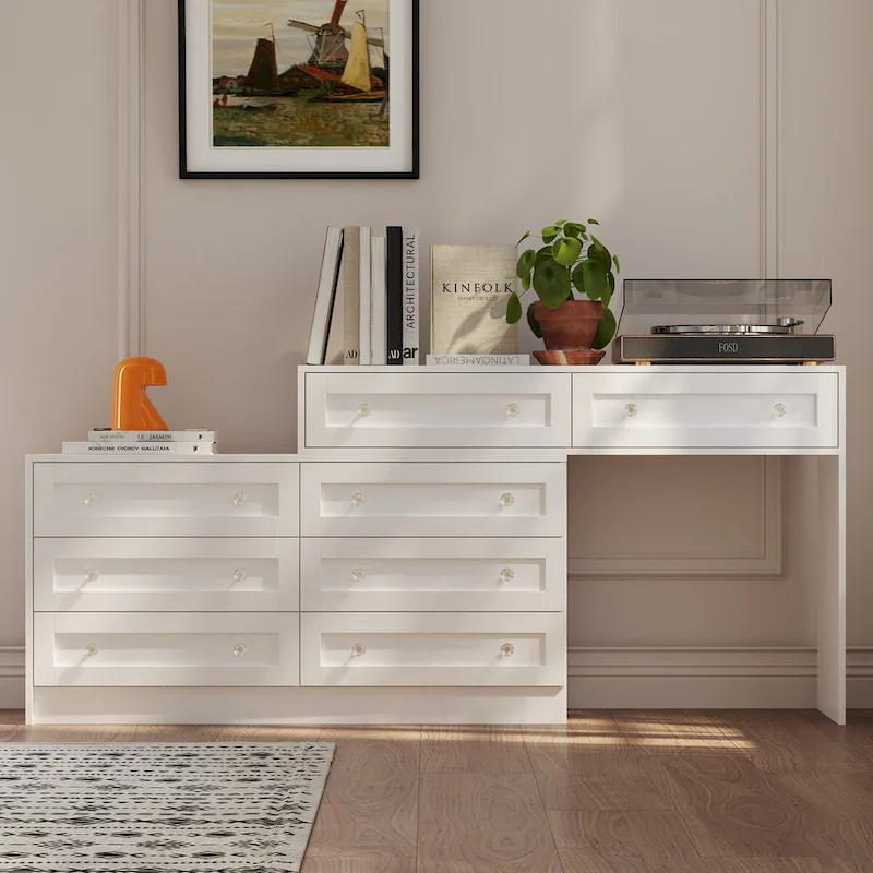 Commode et coiffeuse blanches Grand rangement avec boutons en cristal élégants