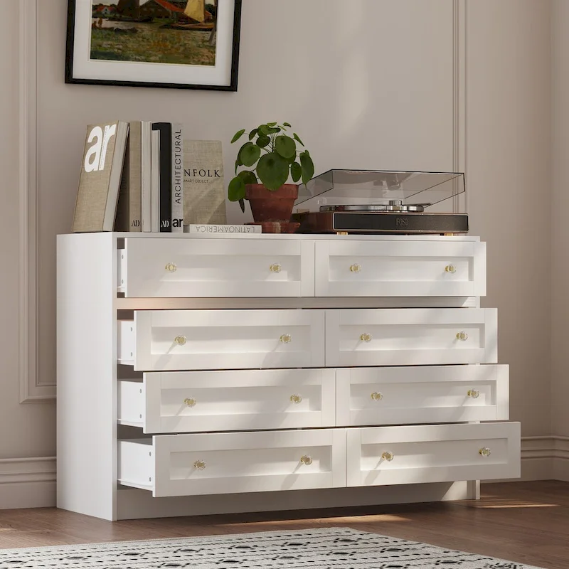 Commode et coiffeuse blanches Grand rangement avec boutons en cristal élégants