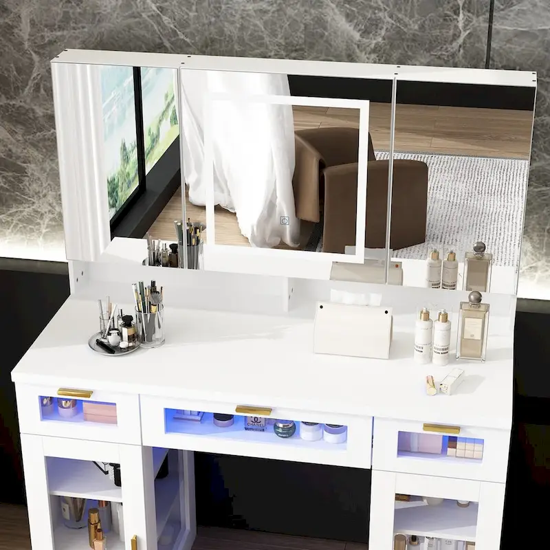 Coiffeuse avec lumières LED réglables, miroirs triptyques et tiroirs