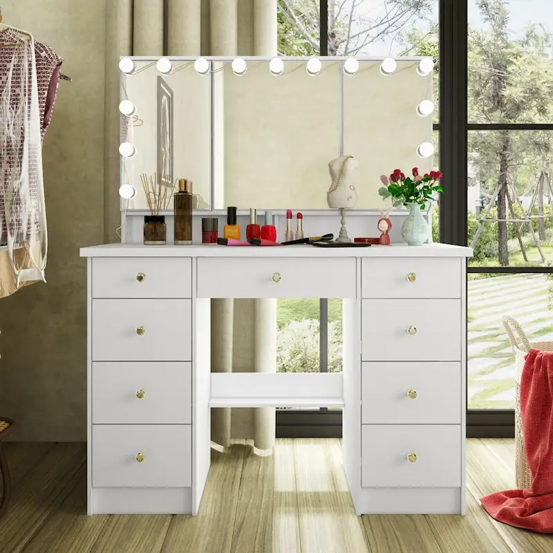 Coiffeuse 3 miroirs élégante avec 9 tiroirs de rangement