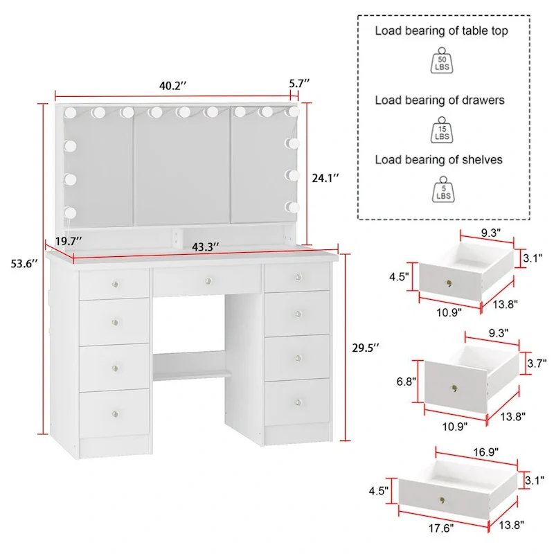 Coiffeuse 3 miroirs élégante avec 9 tiroirs de rangement