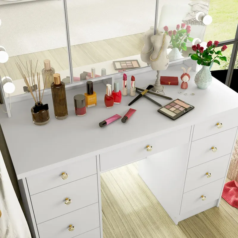 Coiffeuse 3 miroirs élégante avec 9 tiroirs de rangement