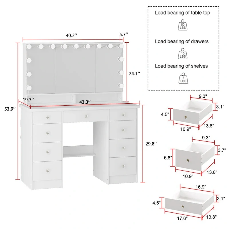 Coiffeuse 3 miroirs élégante avec 9 tiroirs de rangement