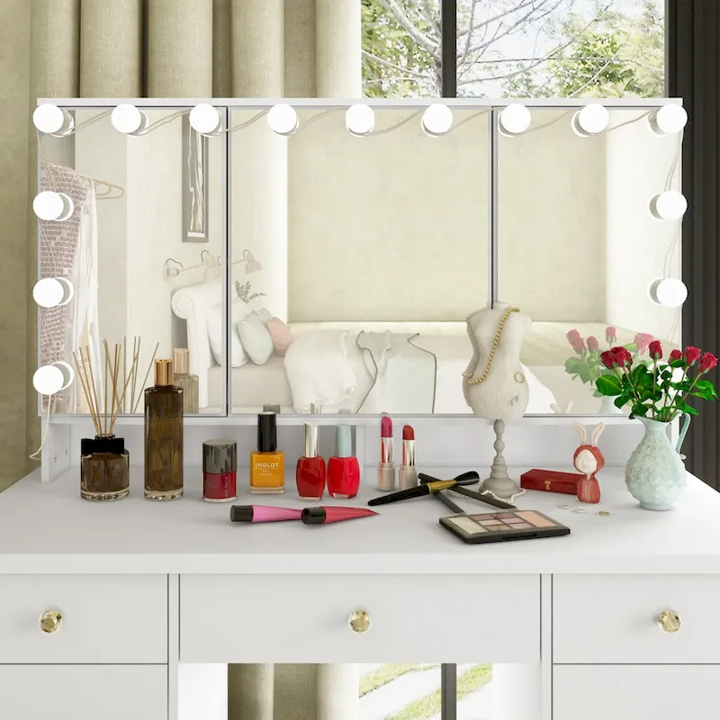 Coiffeuse 3 miroirs élégante avec 9 tiroirs de rangement