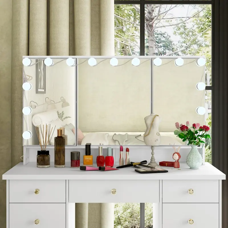 Coiffeuse 3 miroirs élégante avec 9 tiroirs de rangement