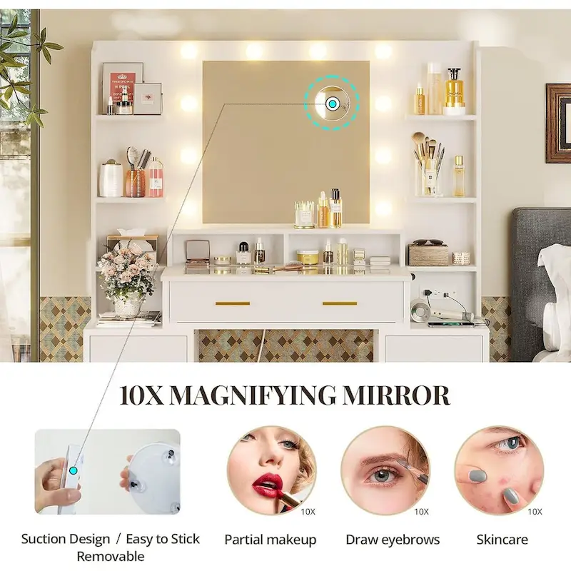Coiffeuse avec miroir grossissant 10x dessus en verre