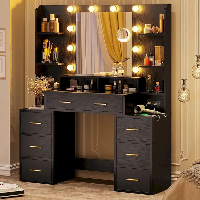 Coiffeuse avec miroir grossissant 10x dessus en verre