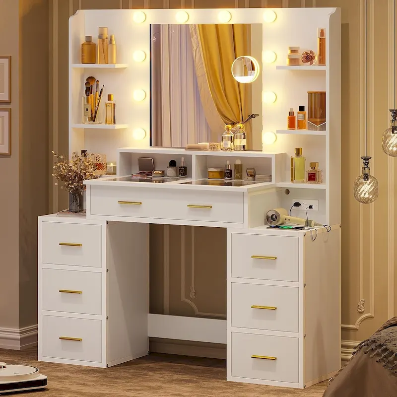 Coiffeuse avec miroir grossissant 10x dessus en verre