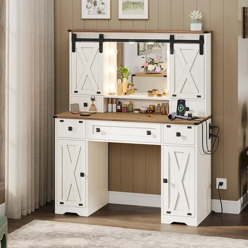 Coiffeuse avec grand miroir et ampoules lumineuses