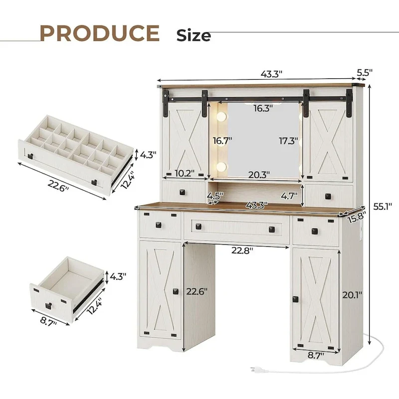 Coiffeuse avec grand miroir et ampoules lumineuses