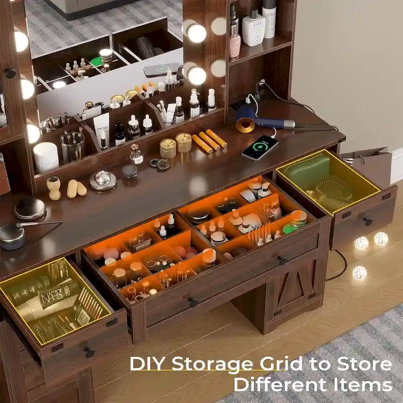 Coiffeuse avec grand miroir et ampoules lumineuses