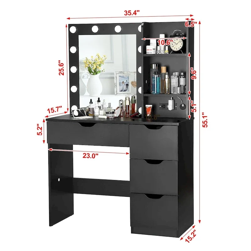 Coiffeuse blanche avec miroir et lumières - 15,2P x 35,4L x 55,1H