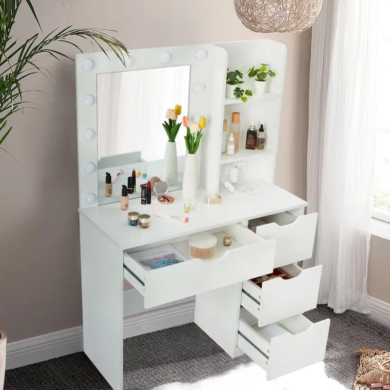 Coiffeuse blanche avec miroir et lumières - 15,2P x 35,4L x 55,1H
