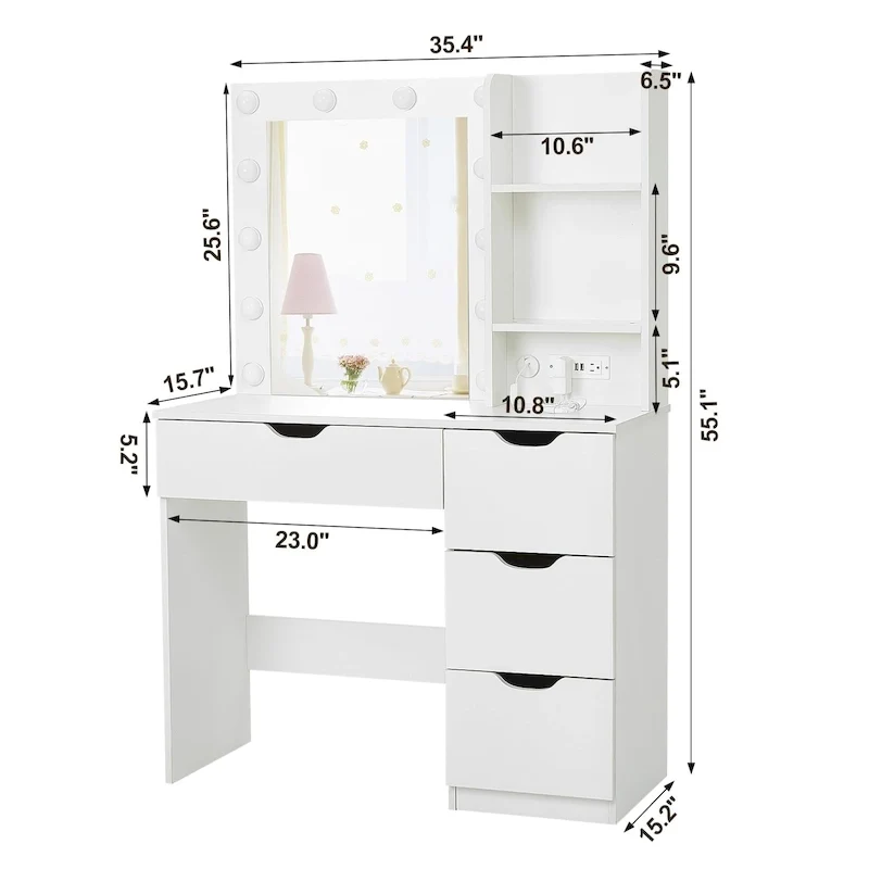 Coiffeuse blanche avec miroir et lumières - 15,2P x 35,4L x 55,1H
