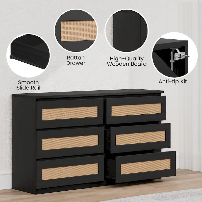Commode à 6 tiroirs pour chambre à coucher, large commode moderne