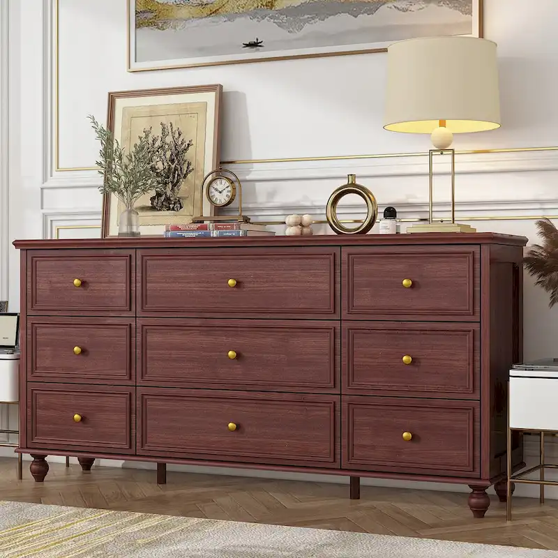 Commode en bois 63 W, organisateur de rangement de chambre à coucher, 9 tiroirs de placard
