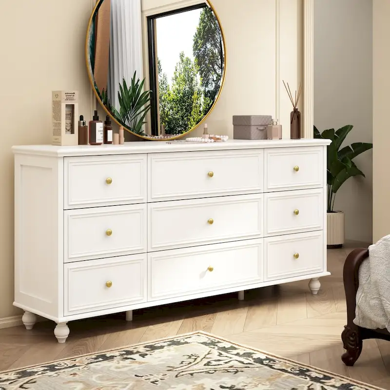 Commode en bois 63 W, organisateur de rangement de chambre à coucher, 9 tiroirs de placard