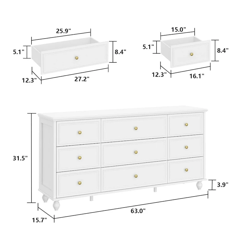 Commode en bois 63 W, organisateur de rangement de chambre à coucher, 9 tiroirs de placard