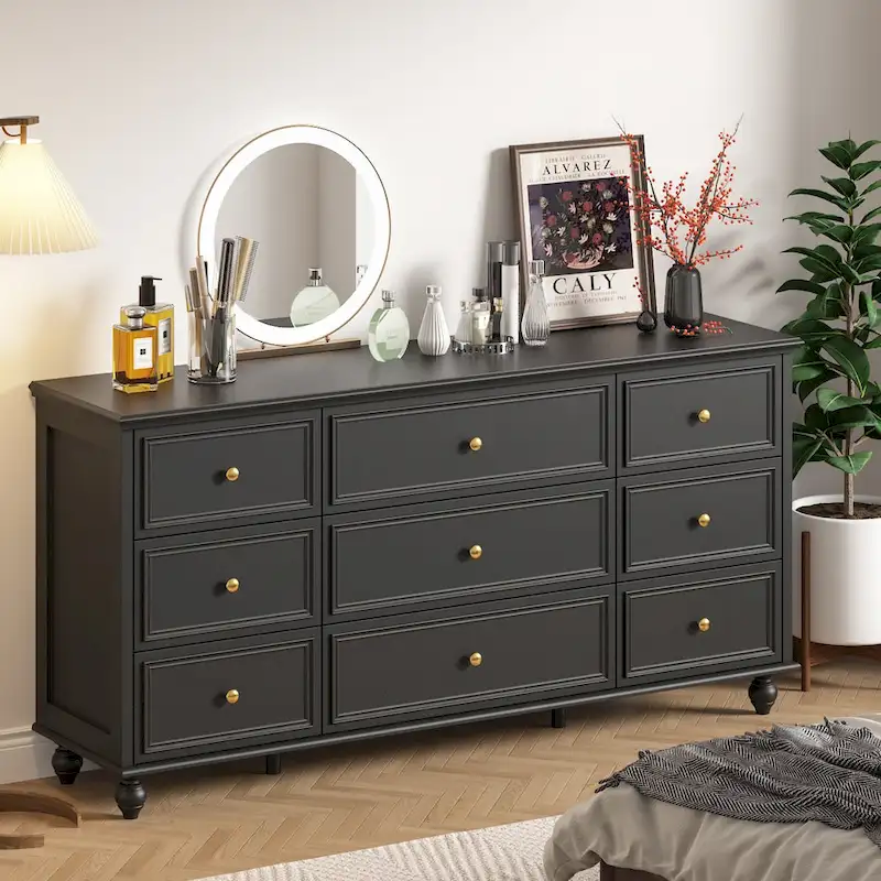 Commode en bois 63 W, organisateur de rangement de chambre à coucher, 9 tiroirs de placard