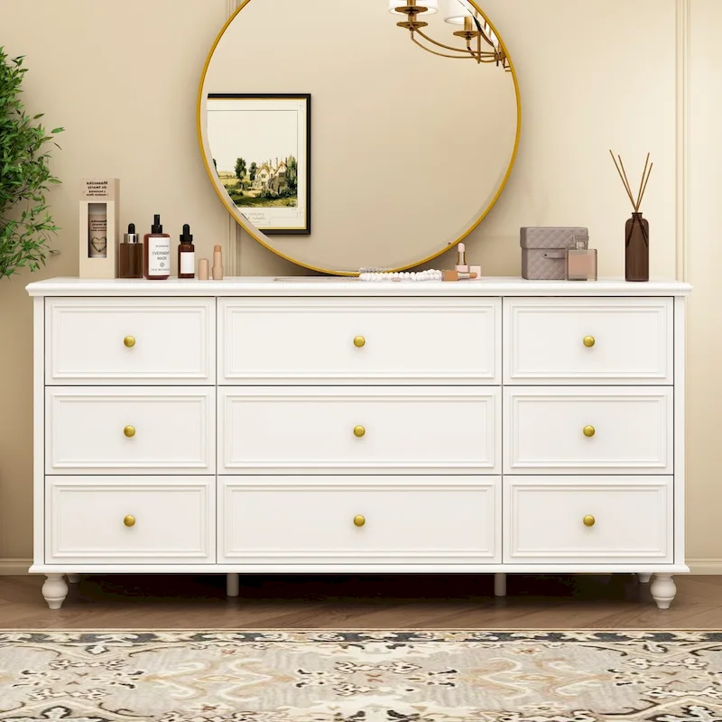 Commode en bois 63 W, organisateur de rangement de chambre à coucher, 9 tiroirs de placard