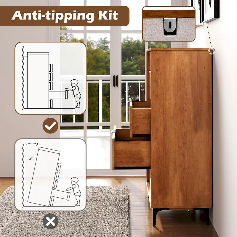 Commode 5 tiroirs avec système de verrouillage, pieds de support en métal et