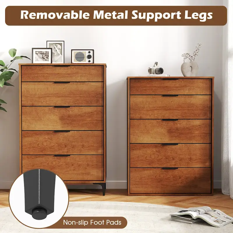 Commode 5 tiroirs avec système de verrouillage, pieds de support en métal et