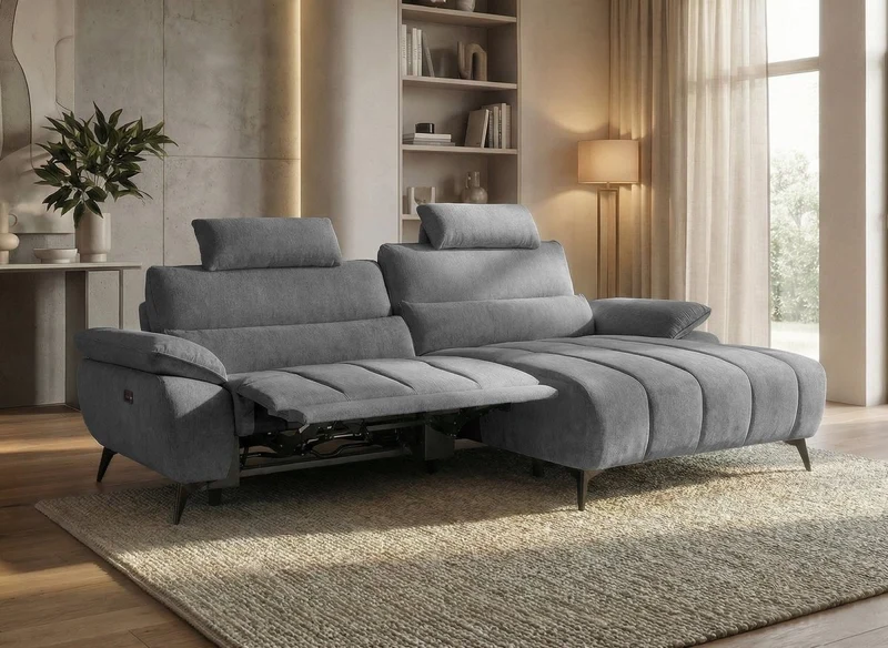 Canapé d’angle relax électrique en velours chiné gris LYANA - Angle droit