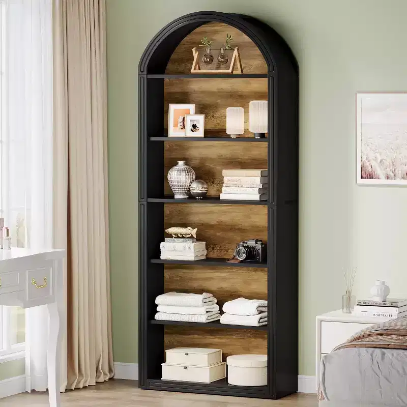 Étagère à livres arquée à 6 niveaux, bibliothèque haute de 196 cm, unité d'étagères de rangement ouverte autoportante pour salon, bureau à domicile