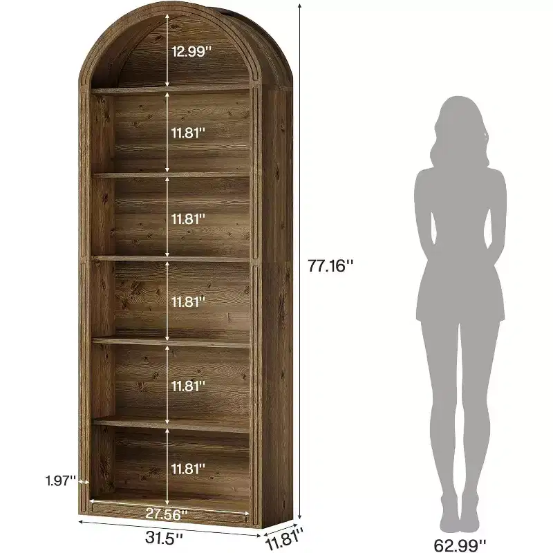 Étagère à livres arquée à 6 niveaux, bibliothèque haute de 196 cm, unité d'étagères de rangement ouverte autoportante pour salon, bureau à domicile