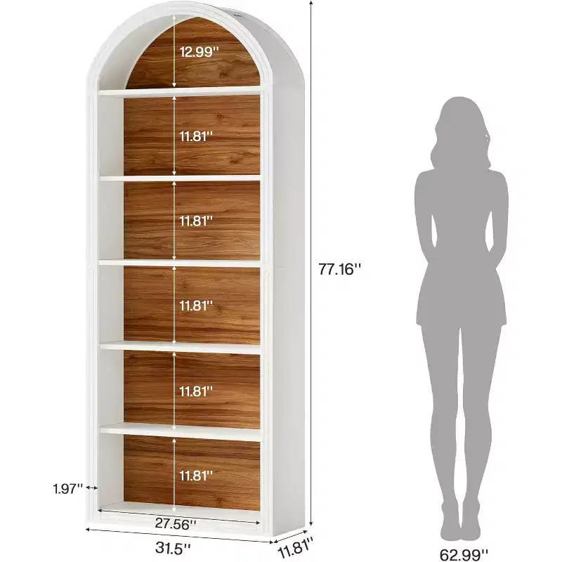 Étagère à livres arquée à 6 niveaux, bibliothèque haute de 196 cm, unité d'étagères de rangement ouverte autoportante pour salon, bureau à domicile