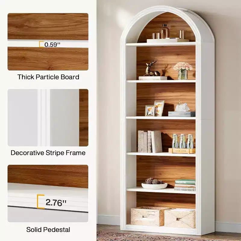 Étagère à livres arquée à 6 niveaux, bibliothèque haute de 196 cm, unité d'étagères de rangement ouverte autoportante pour salon, bureau à domicile