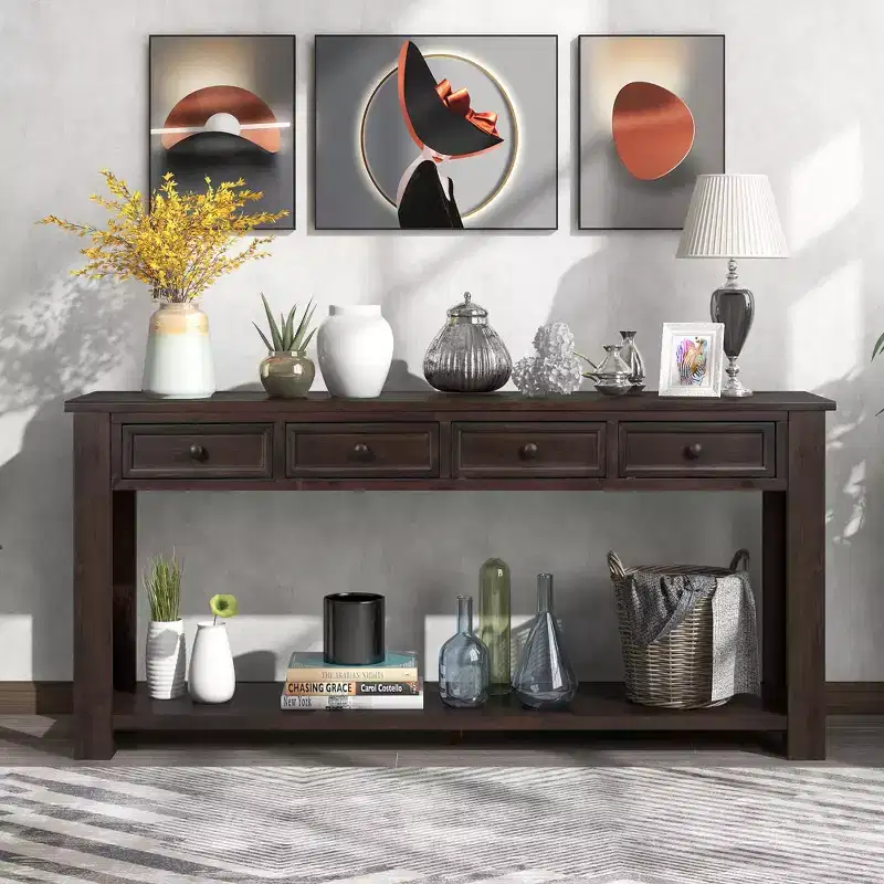 Console en bois massif Lance avec tiroirs et étagère inférieure