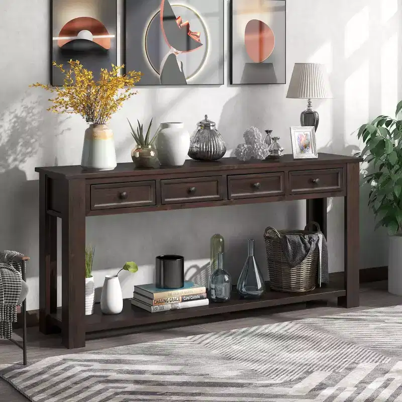Console en bois massif Lance avec tiroirs et étagère inférieure