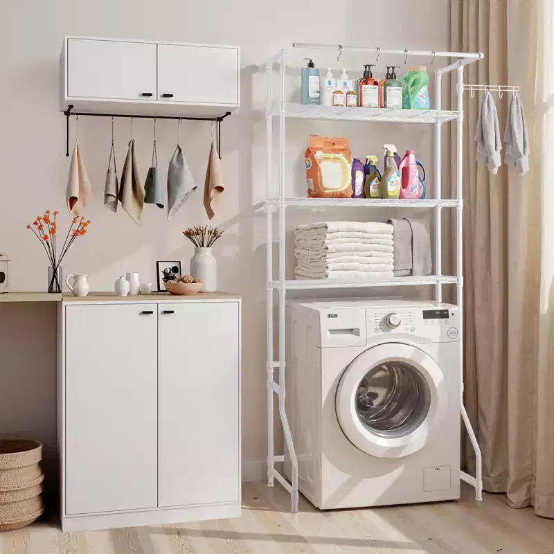 Étagère de rangement 3 niveaux au-dessus lave-linge et sèche-linge, séchoir à linge de buanderie avec tringle à vêtements et crochets, étagère simple pour lave-linge, gain de place, blanc