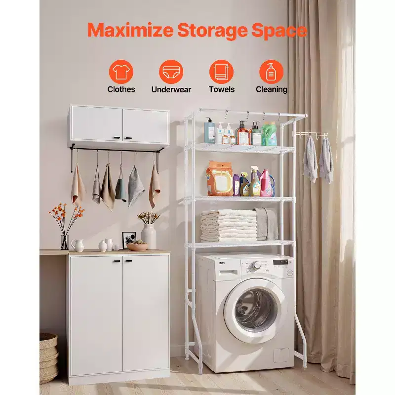 Étagère de rangement 3 niveaux au-dessus lave-linge et sèche-linge, séchoir à linge de buanderie avec tringle à vêtements et crochets, étagère simple pour lave-linge, gain de place, blanc