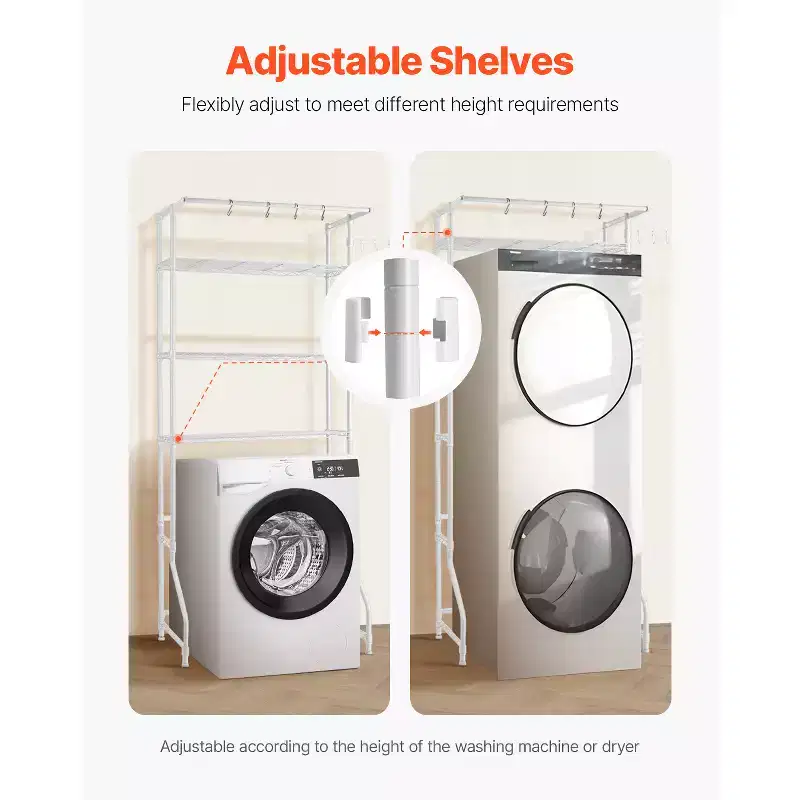 Étagère de rangement 3 niveaux au-dessus lave-linge et sèche-linge, séchoir à linge de buanderie avec tringle à vêtements et crochets, étagère simple pour lave-linge, gain de place, blanc