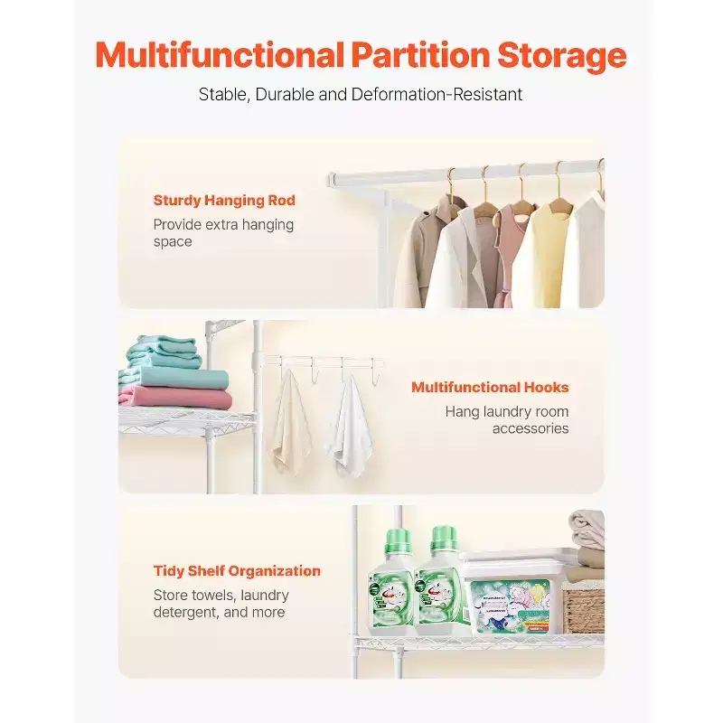 Étagère de rangement 3 niveaux au-dessus lave-linge et sèche-linge, séchoir à linge de buanderie avec tringle à vêtements et crochets, étagère simple pour lave-linge, gain de place, blanc