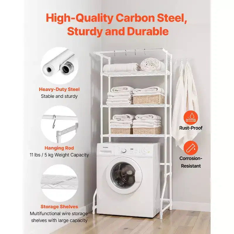 Étagère de rangement 3 niveaux au-dessus lave-linge et sèche-linge, séchoir à linge de buanderie avec tringle à vêtements et crochets, étagère simple pour lave-linge, gain de place, blanc