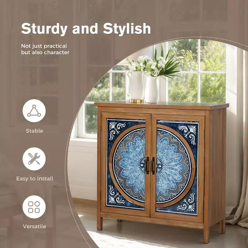 Armoire de rangement d'appoint 2 portes à motifs de porcelaine bleue et blanche à l'aspect vieilli pour entrée et salon
