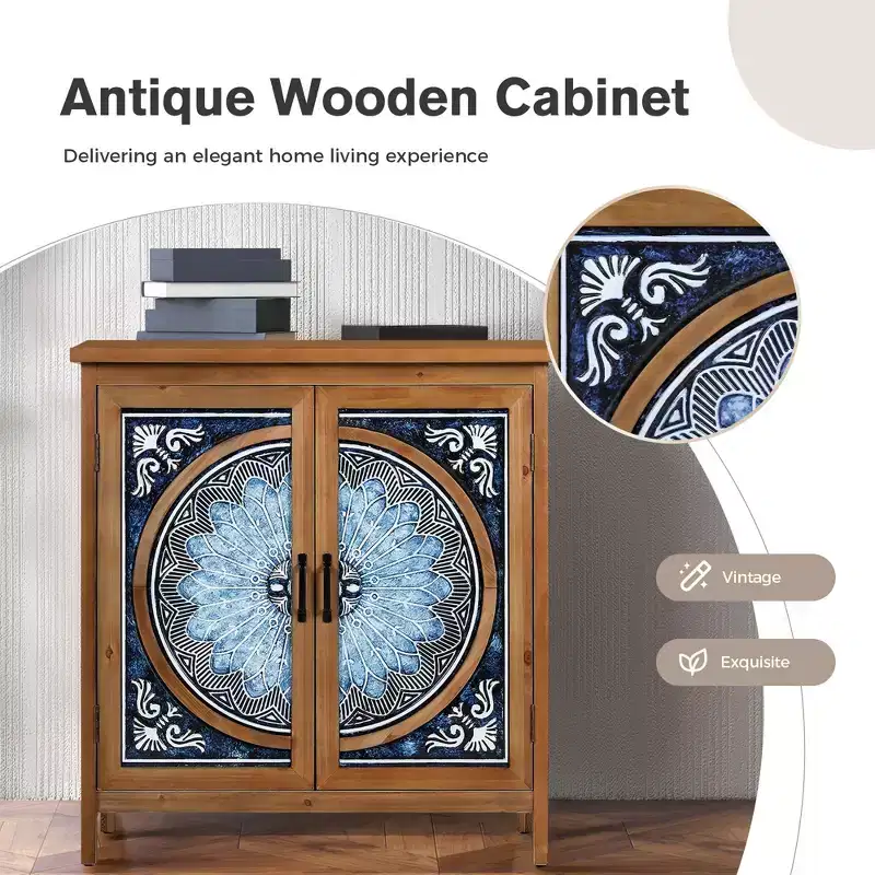 Armoire de rangement d'appoint 2 portes à motifs de porcelaine bleue et blanche à l'aspect vieilli pour entrée et salon