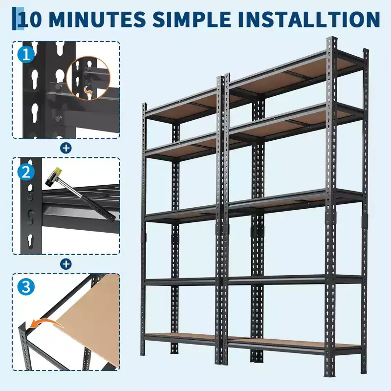 Étagères de Rangement 5 Niveaux, Étagère de Garage Robuste et Réglable en Métal, Étagères de Garage pour Sous-sol, Cuisine, Noir