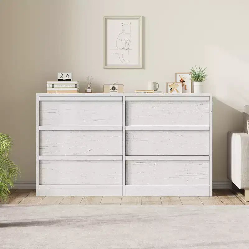 Commode 6 tiroirs pour chambre à coucher, double commode de rangement naturelle avec poignées concaves, commode moderne, blanche
