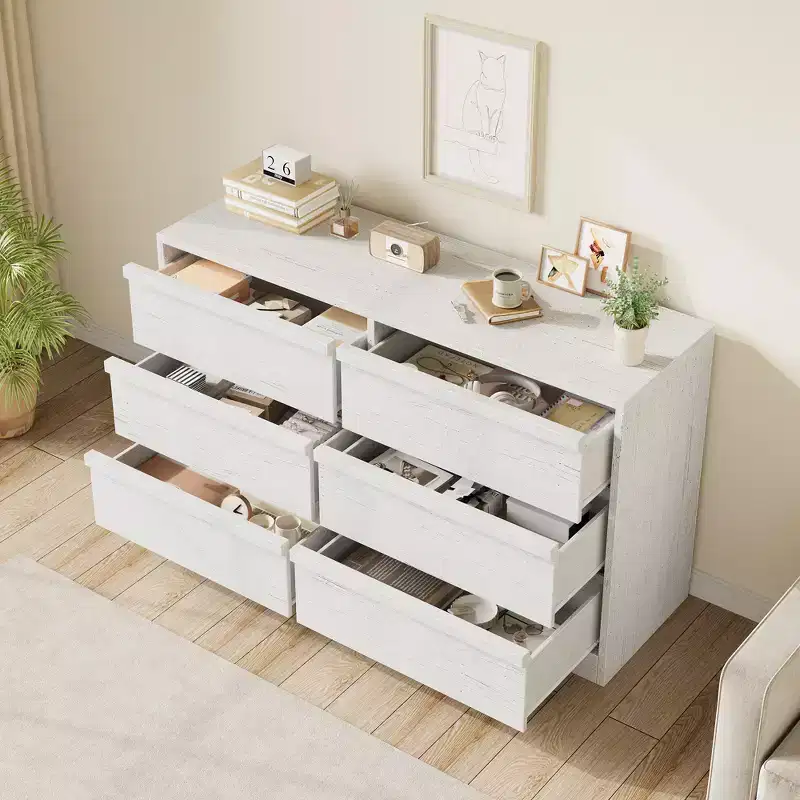 Commode 6 tiroirs pour chambre à coucher, double commode de rangement naturelle avec poignées concaves, commode moderne, blanche