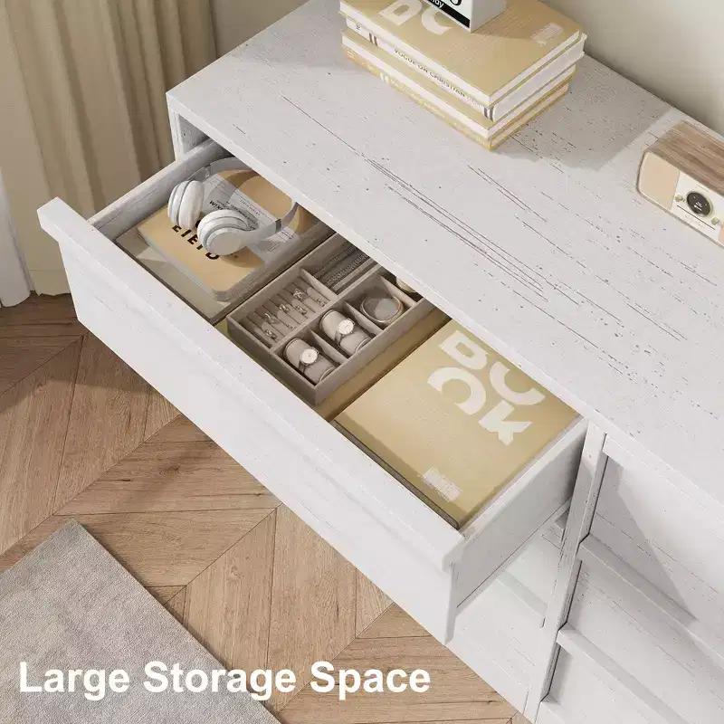 Commode 6 tiroirs pour chambre à coucher, double commode de rangement naturelle avec poignées concaves, commode moderne, blanche