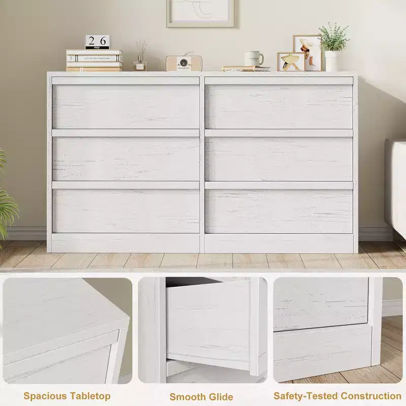 Commode 6 tiroirs pour chambre à coucher, double commode de rangement naturelle avec poignées concaves, commode moderne, blanche