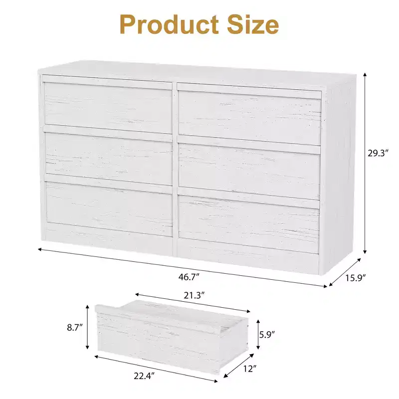 Commode 6 tiroirs pour chambre à coucher, double commode de rangement naturelle avec poignées concaves, commode moderne, blanche