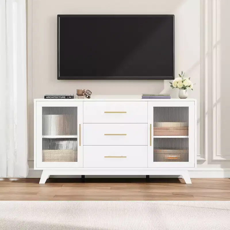 Buffet de rangement de 56 po avec 2 portes en verre cannelé, 3 grands tiroirs, meuble de bar à café moderne pour cuisine, salle à manger, salon