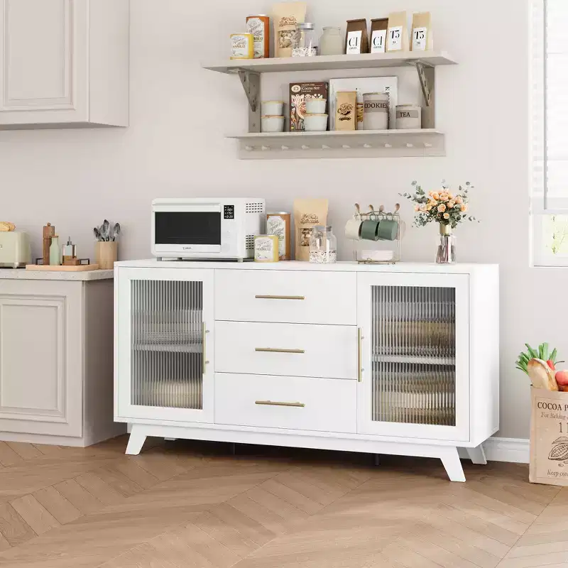 Buffet de rangement de 56 po avec 2 portes en verre cannelé, 3 grands tiroirs, meuble de bar à café moderne pour cuisine, salle à manger, salon