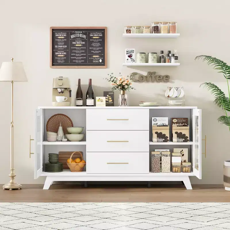 Buffet de rangement de 56 po avec 2 portes en verre cannelé, 3 grands tiroirs, meuble de bar à café moderne pour cuisine, salle à manger, salon