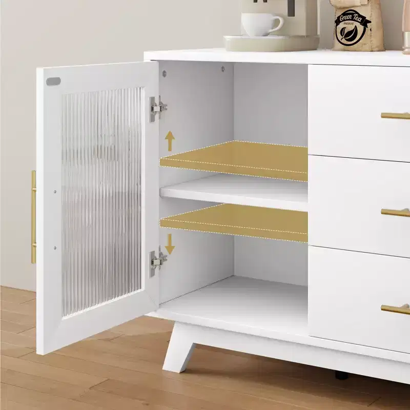 Buffet de rangement de 56 po avec 2 portes en verre cannelé, 3 grands tiroirs, meuble de bar à café moderne pour cuisine, salle à manger, salon
